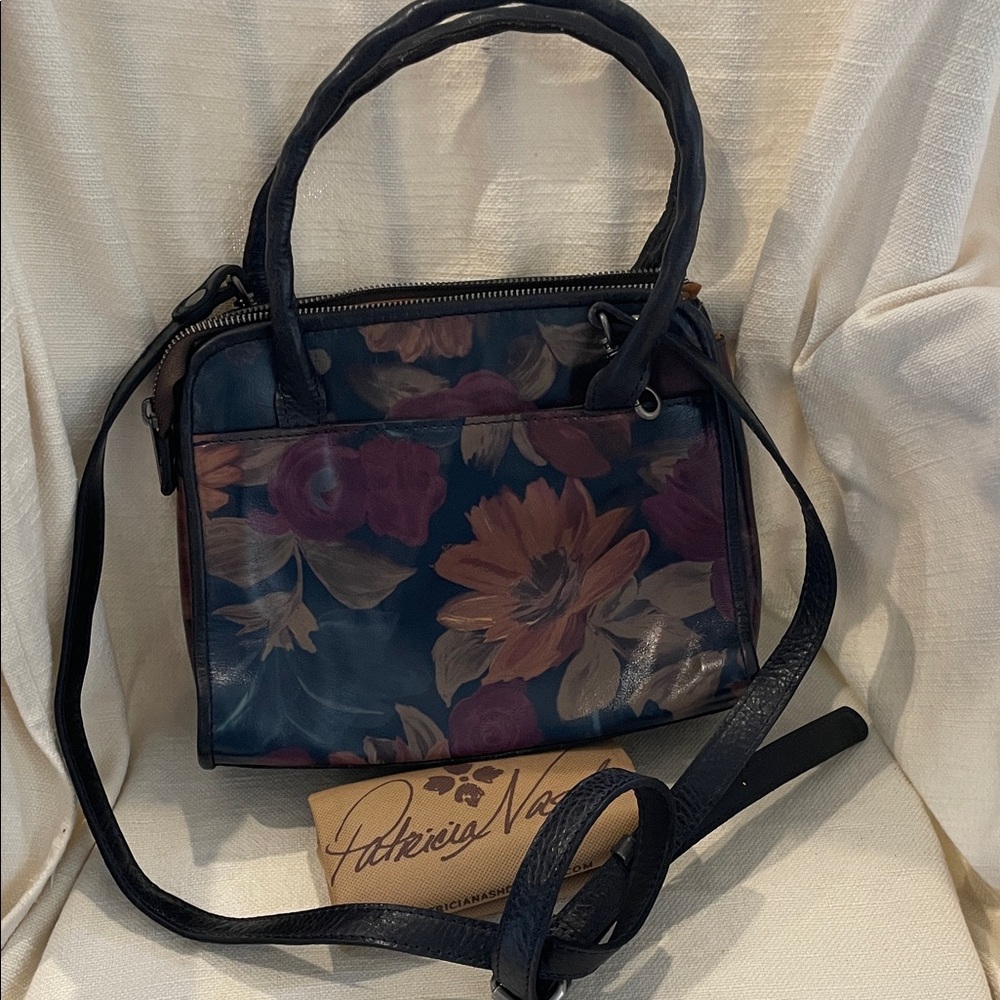 Patricia Nash Navy Floral Leather Satchel with Pink and Tan Blooms